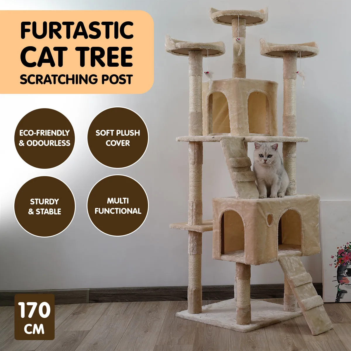 170cm Sturdy Multi-Level Cat Tree with Scratching Posts - Furtastic