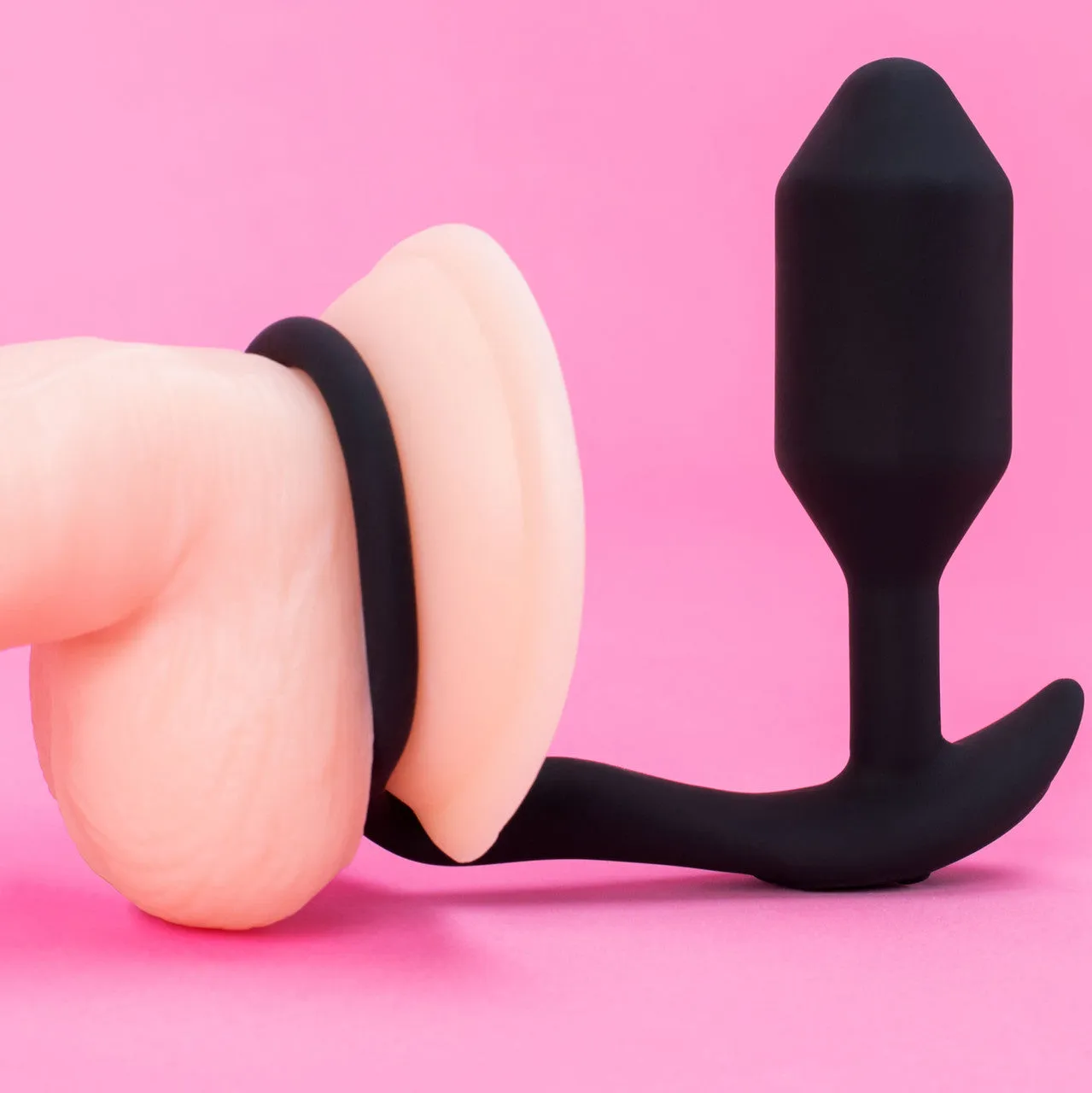 b-Vibe Vibrating Snug & Tug Weighted Silicone Plug & Penis-Ring - Medium