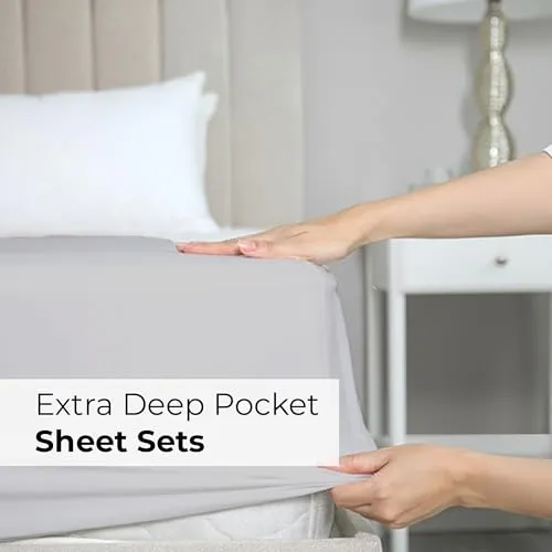 Extra Deep Split King Sheet Set - 7 Piece Breathable & Cooling Sheets - Hotel Luxury Bed Sheets Set - Easy Fit - Soft, Wrinkle Free & Comfy Sheets Set - Light Grey Sheet Set with Extra Deep Pockets