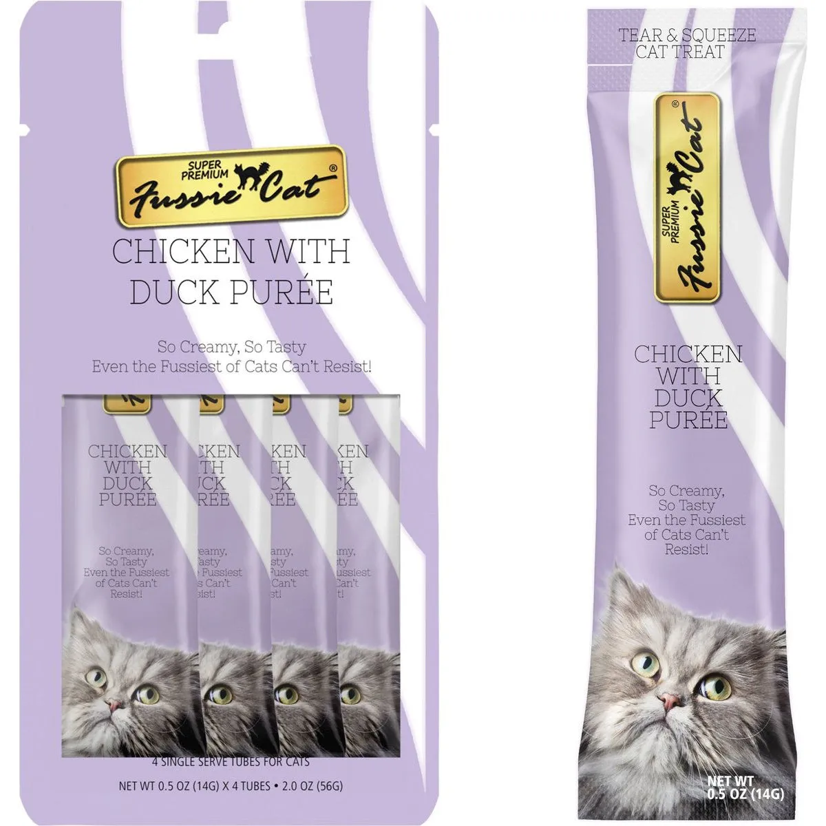 Fussie Cat Chicken Duck Puree Lickable Cat Treats 0.5oz 4Pk