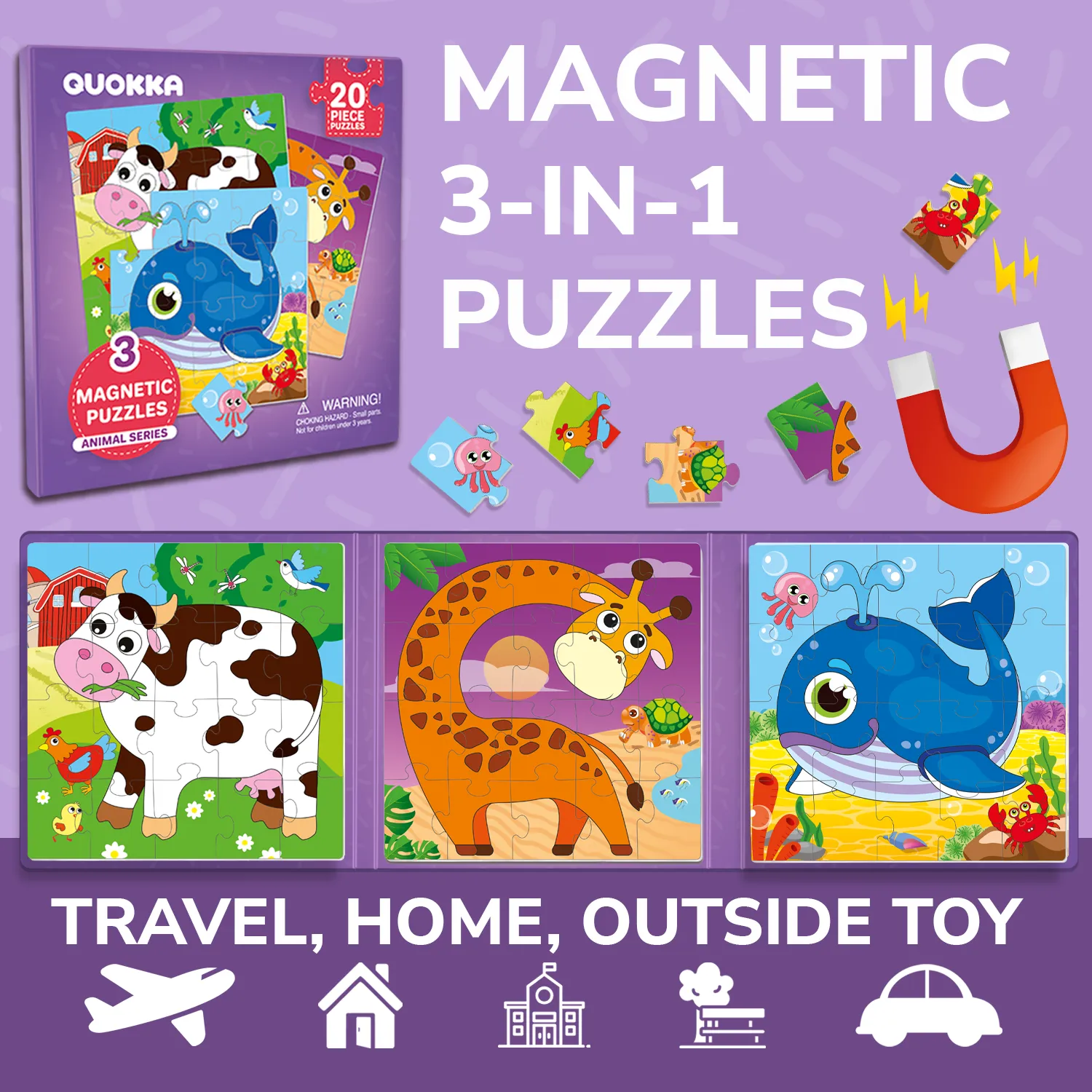 Magnetic Book 3x20 Pcs Puzzles for Kids | Animals