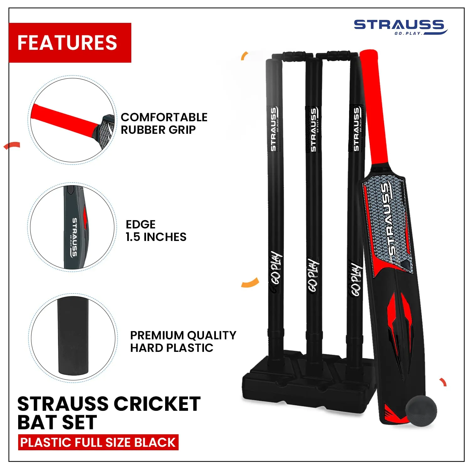 Strauss Cricket Combo Kit Set | Plastic/PVC Cricket Kit Set | Full Size | 1 Bat   1 Ball   3 Stumps   2 Bails   1 Base | Color: Black | for All Age Groups | Tennis & Synthetic Ball Cricket Kit