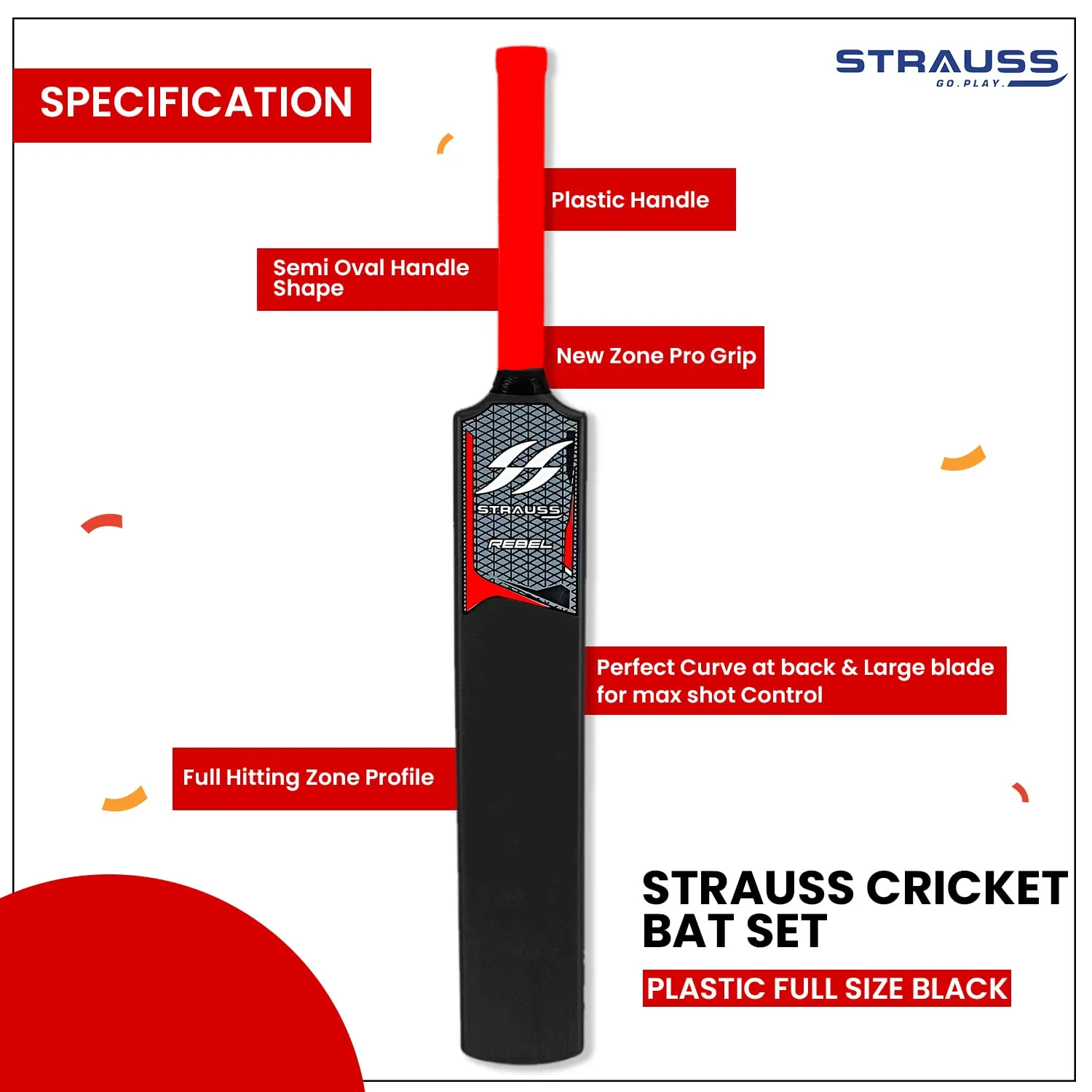 Strauss Cricket Combo Kit Set | Plastic/PVC Cricket Kit Set | Full Size | 1 Bat   1 Ball   3 Stumps   2 Bails   1 Base | Color: Black | for All Age Groups | Tennis & Synthetic Ball Cricket Kit