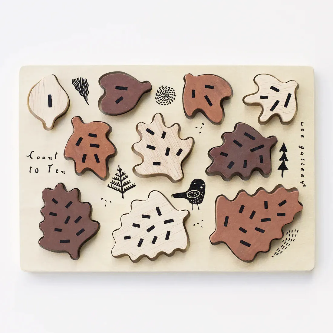 WEE GALLERY - COUNT TO 10 WOODEN TRAY PUZZLE WITH LEAVES